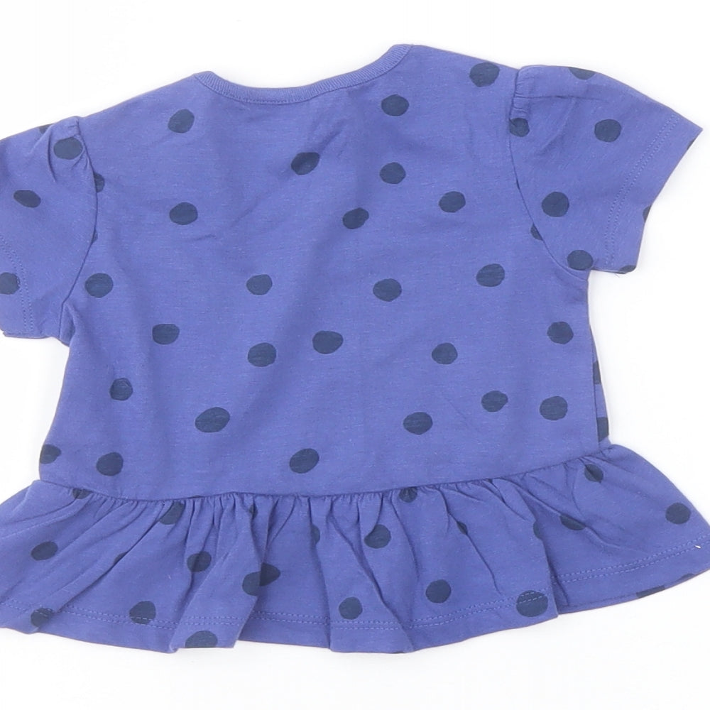 Brand and care label for Marks & Spencer girls’ blue polka dot cotton basic t-shirt, size 6-9, months crew neck snap
