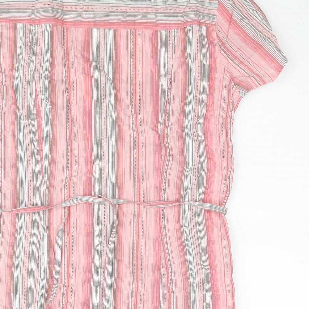 Brand and care label for Casual Club women’s pink striped cotton basic button-up, size UK 10, v-neck - belted