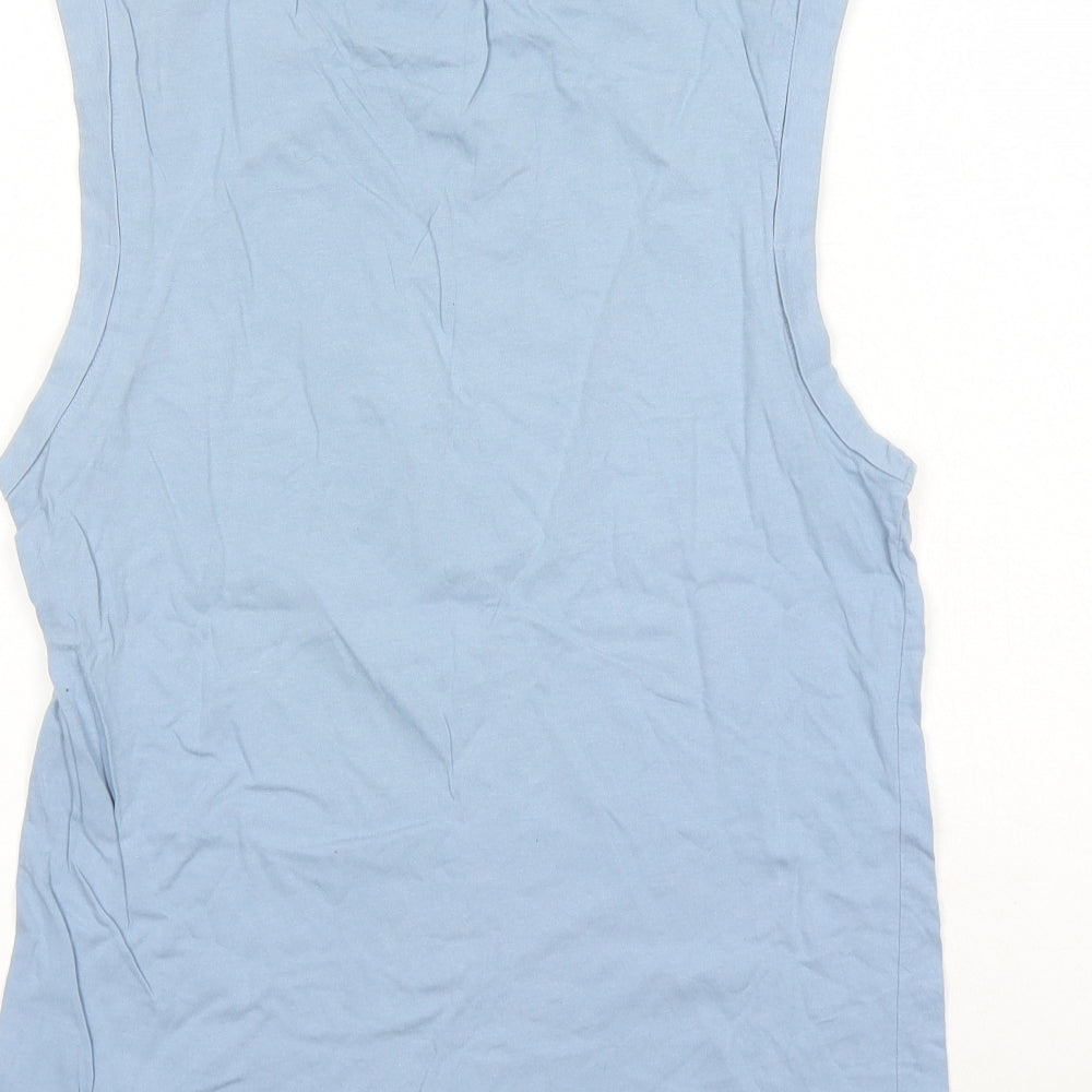 Brand and care label for ASOS women’s blue 100% cotton basic tank, size UK 6, round neck