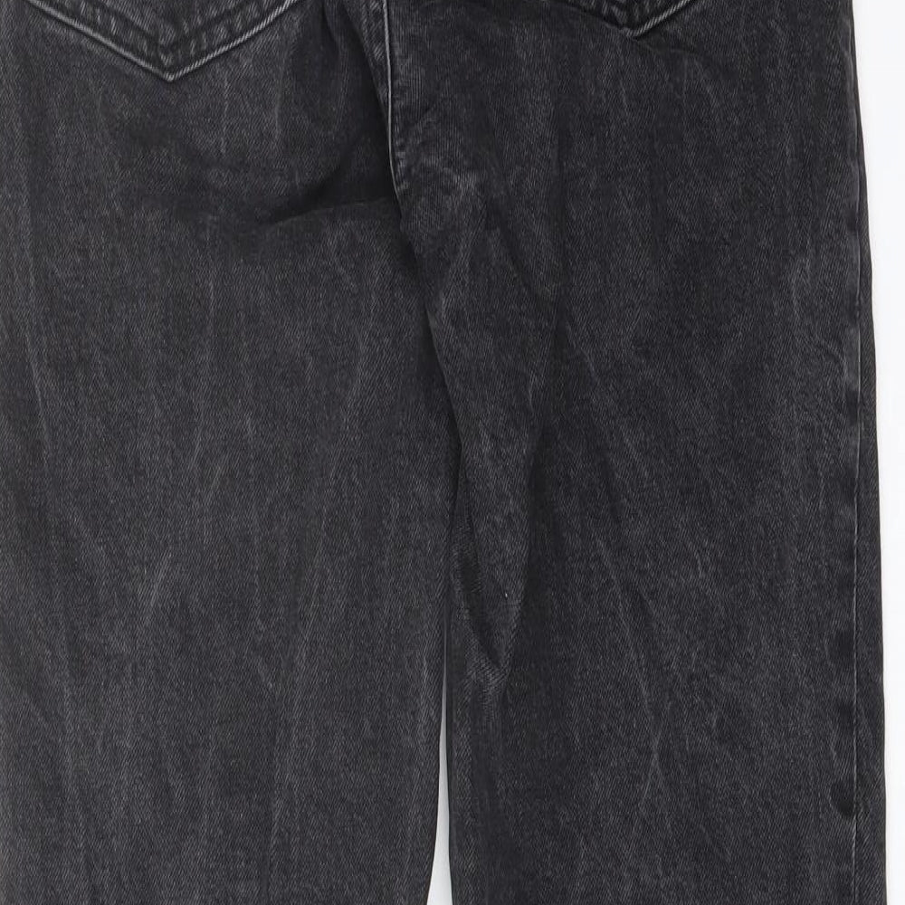 Brand and care label for ASOS women’s grey cotton mom jeans, size UK 28, in, 28-inch leg regular button