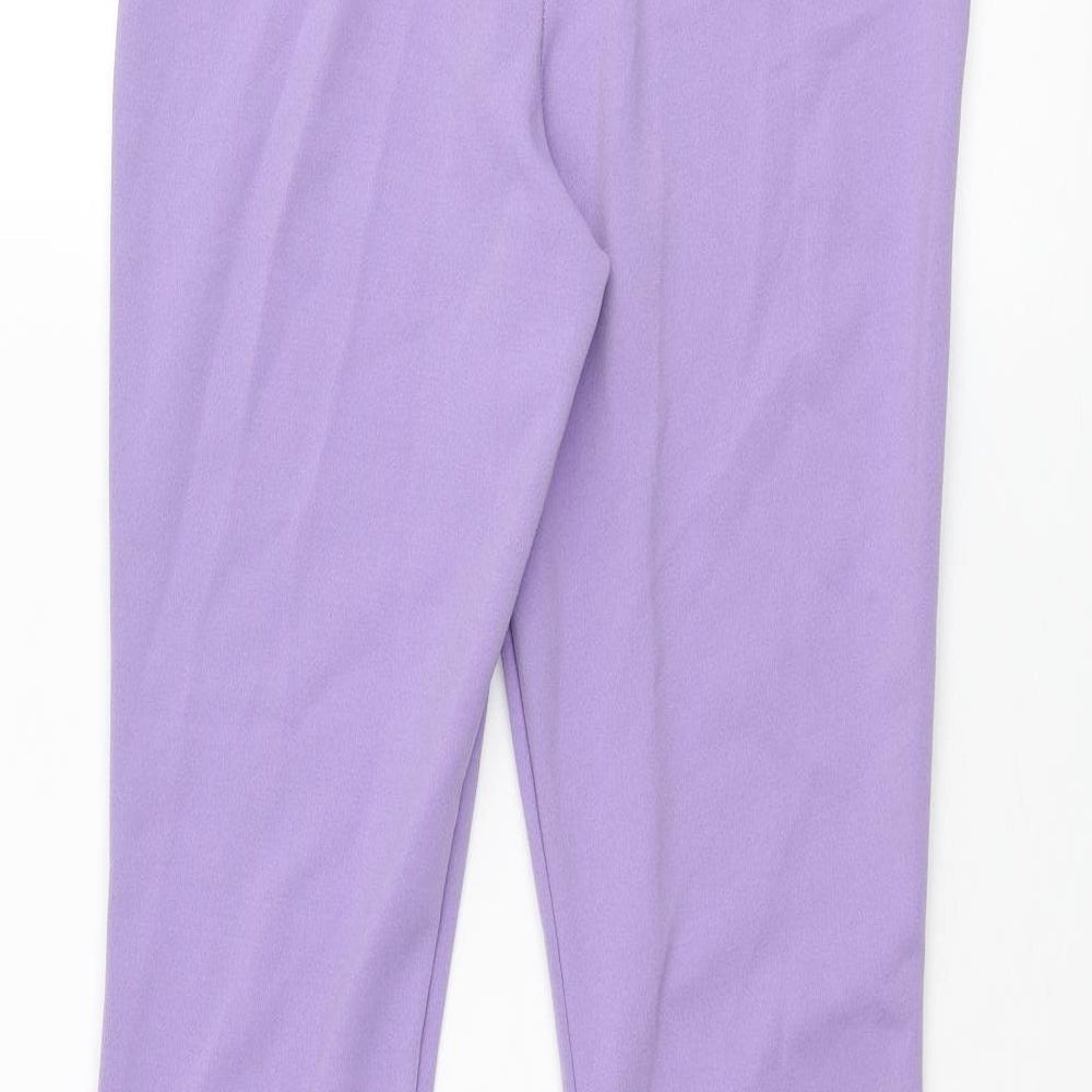 Brand and care label for ASOS women’s purple polyester trousers, size UK 6, 31-inch leg regular
