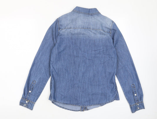 YesYes Womens Blue Cotton Basic Button-Up Size 8 Collared - Pockets