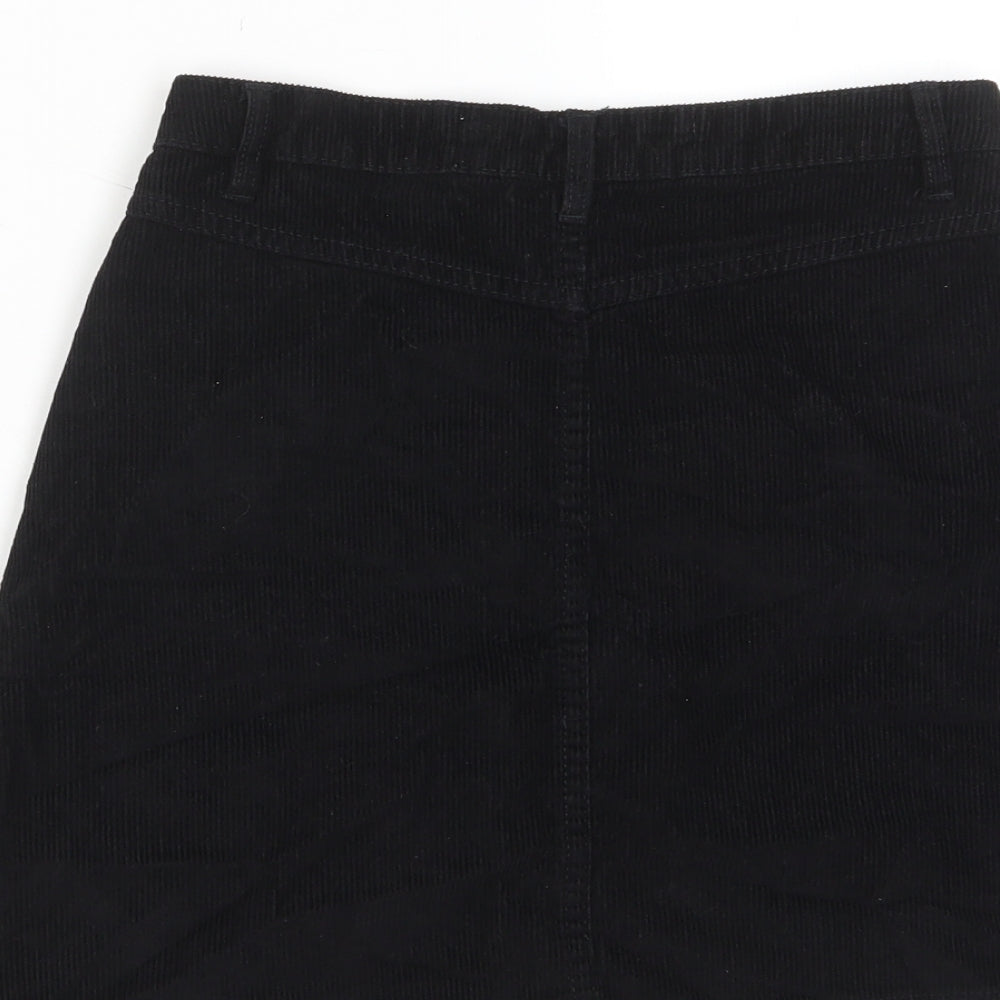 Brand and care label for Denim & Co. women’s black polyester a-line skirt, size UK 6, zip