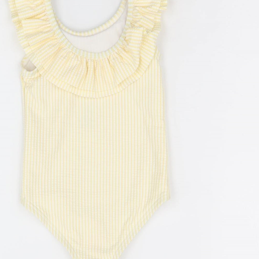 Brand and care label for Marks & Spencer girls’ yellow striped polyester bodysuit outfit/set, months pullover - swimming