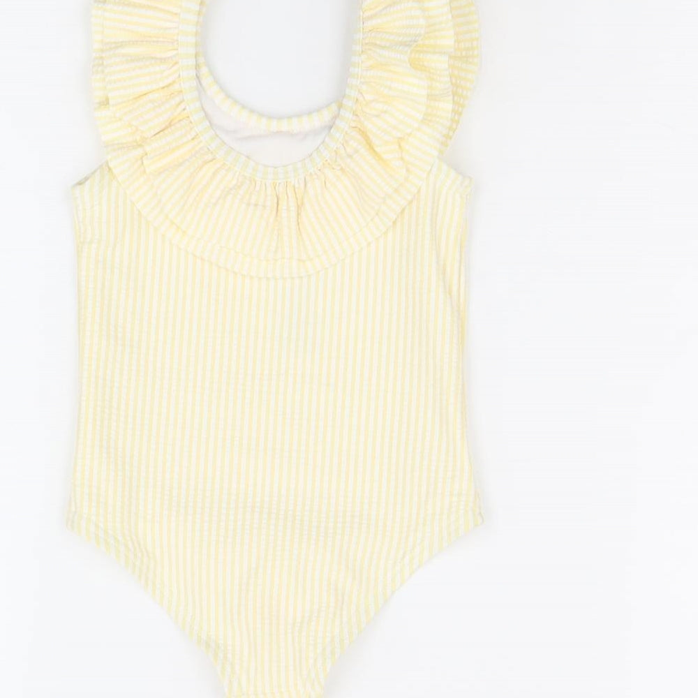 Brand and care label for Marks & Spencer girls’ yellow striped polyester bodysuit outfit/set, months pullover - swimming