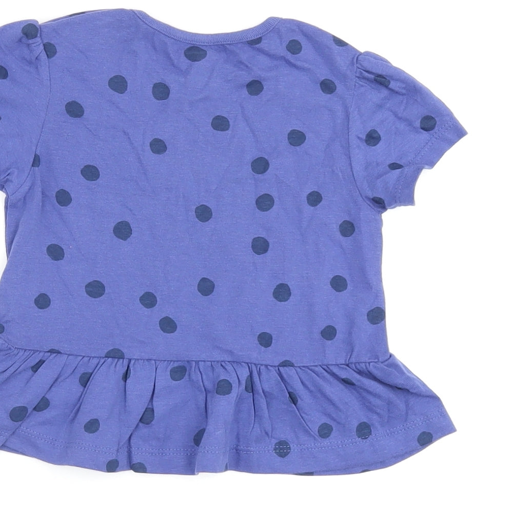 Brand and care label for Marks & Spencer girls’ blue polka dot cotton basic t-shirt, size 12-18, months round neck snap