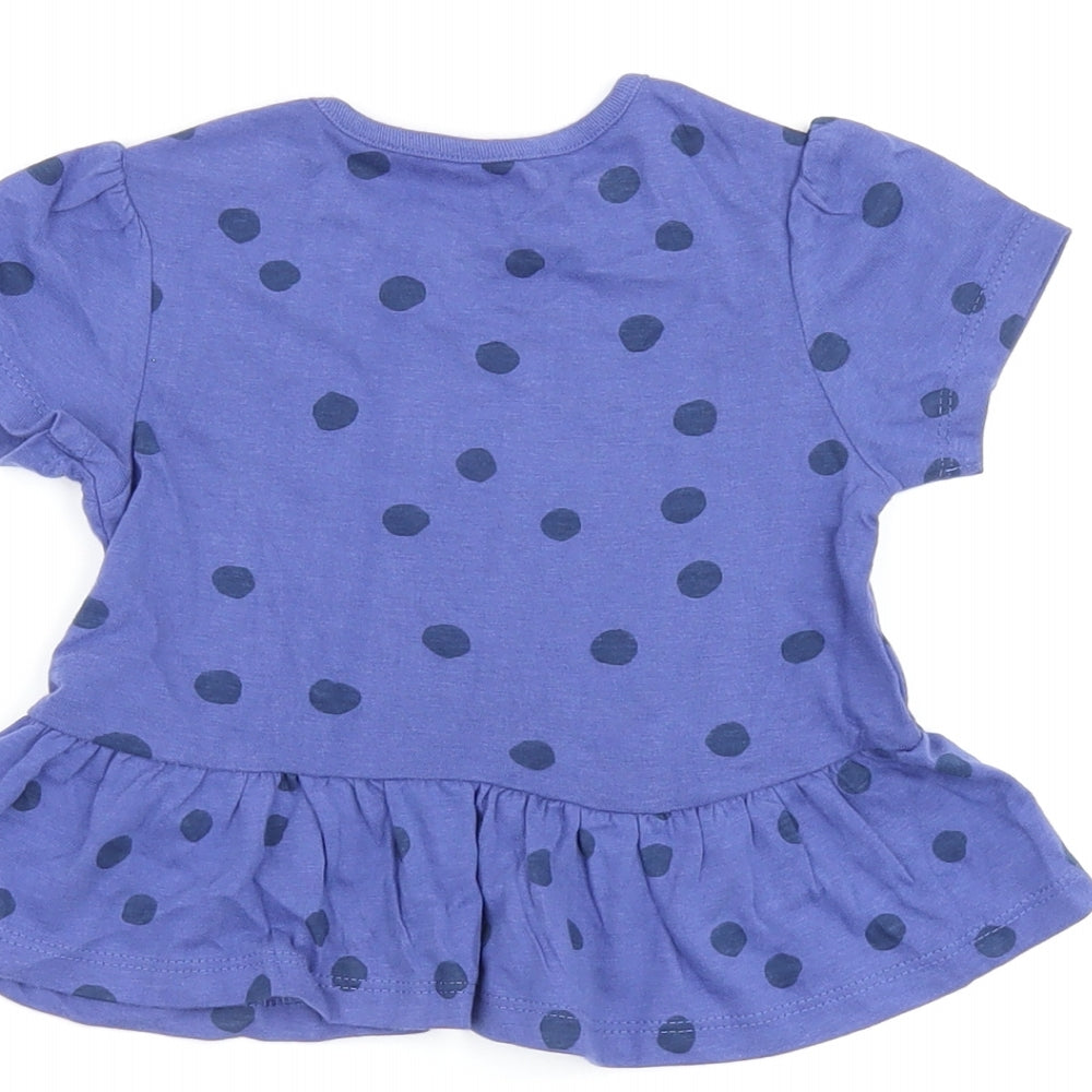 Brand and care label for Marks & Spencer girls’ blue polka dot cotton basic t-shirt, size 9-12, months round neck snap