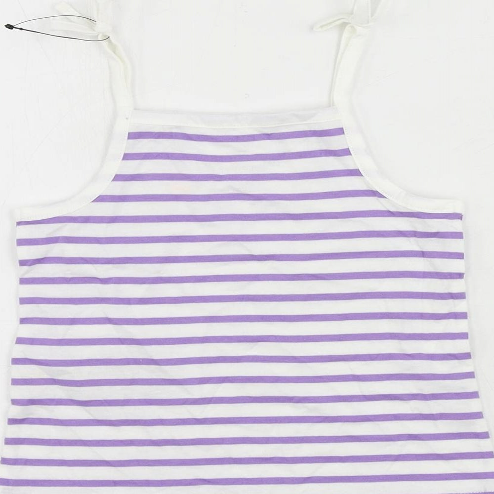 Brand and care label for Marks & Spencer girls’ purple striped cotton camisole tank, size 3-4, years square neck