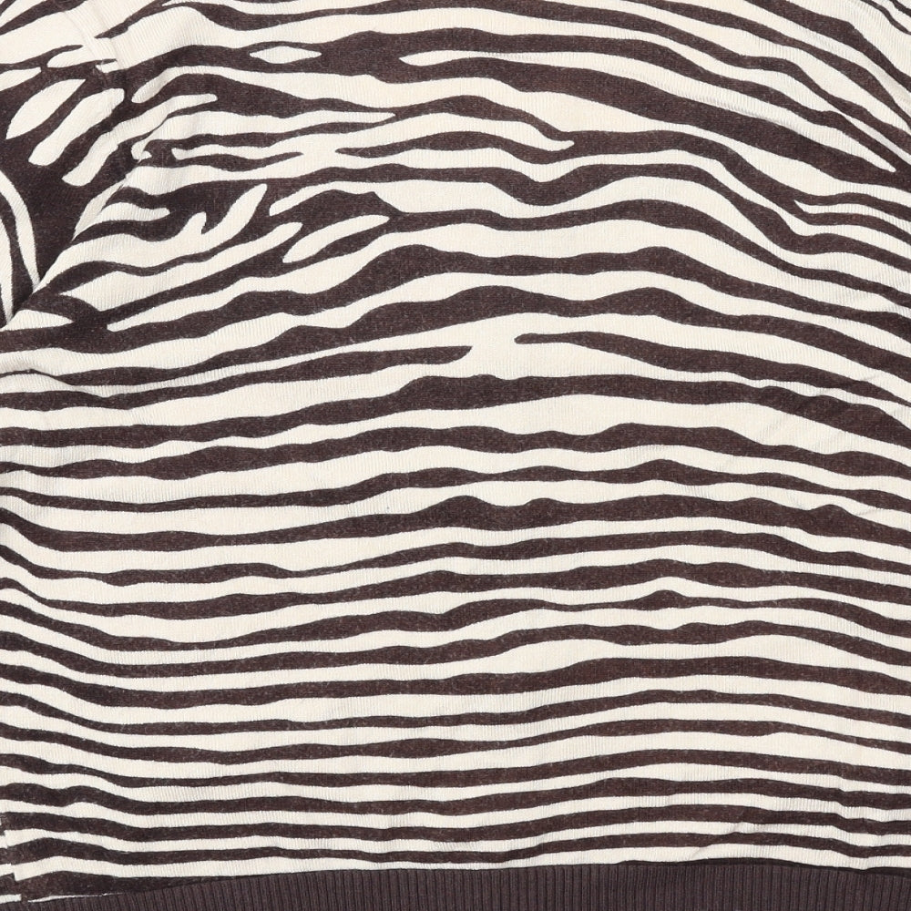 Brand and care label for Be Beau women’s brown scoop neck animal print viscose cardigan jumper, size UK 14, - zebra print