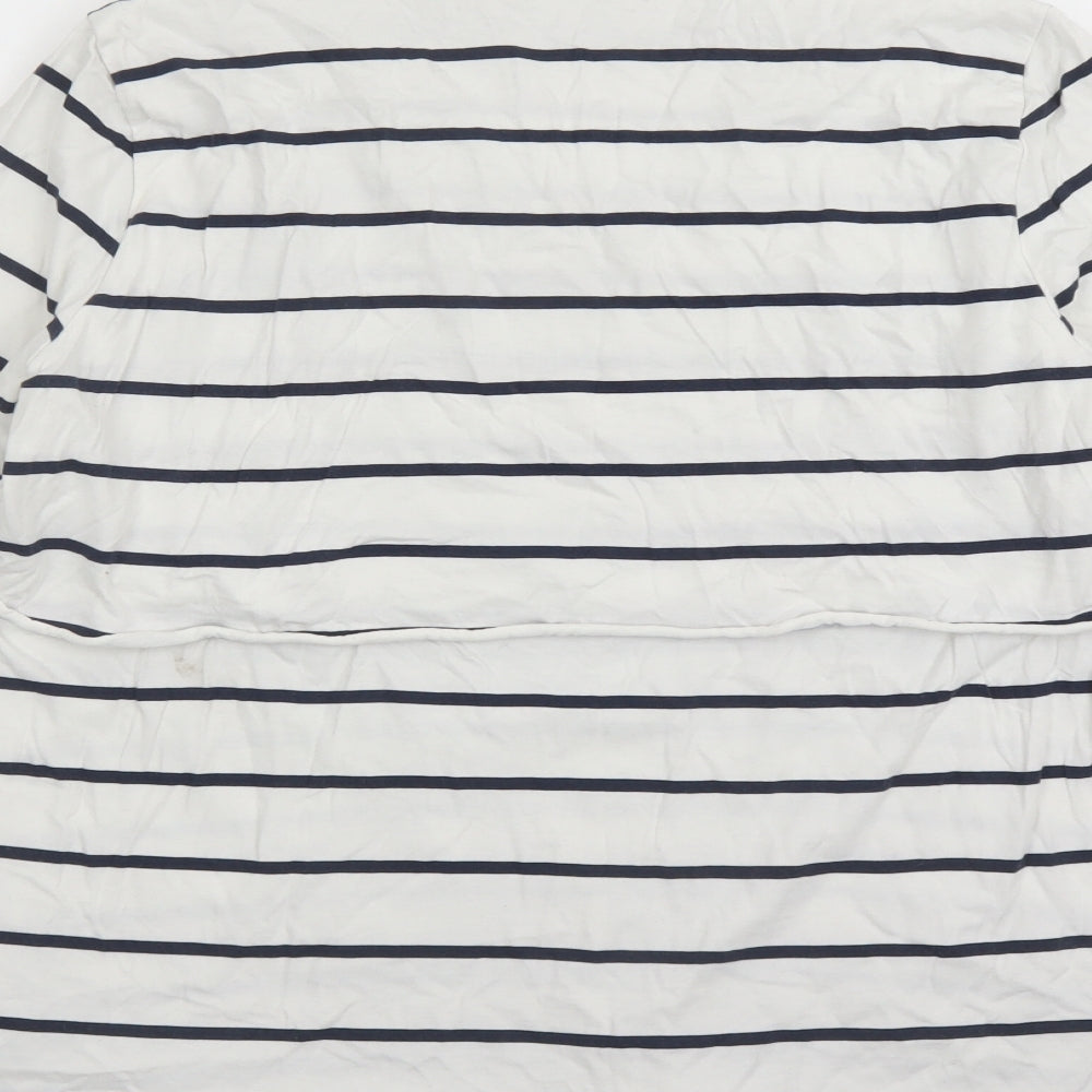 Brand and care label for ASOS women’s white striped 100% cotton basic t-shirt, size UK 12, round neck