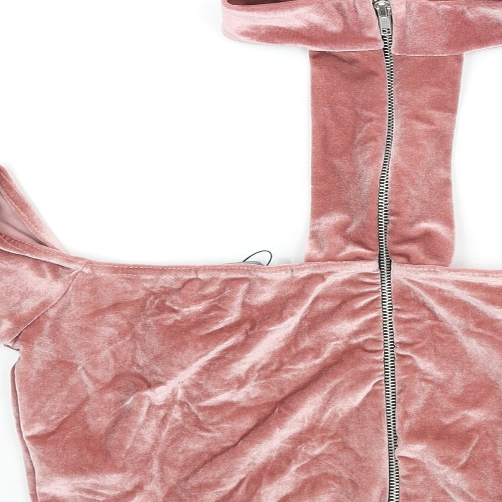 Brand and care label for Missguided women’s pink polyester cropped blouse, size UK 14, square neck - mock neck detail