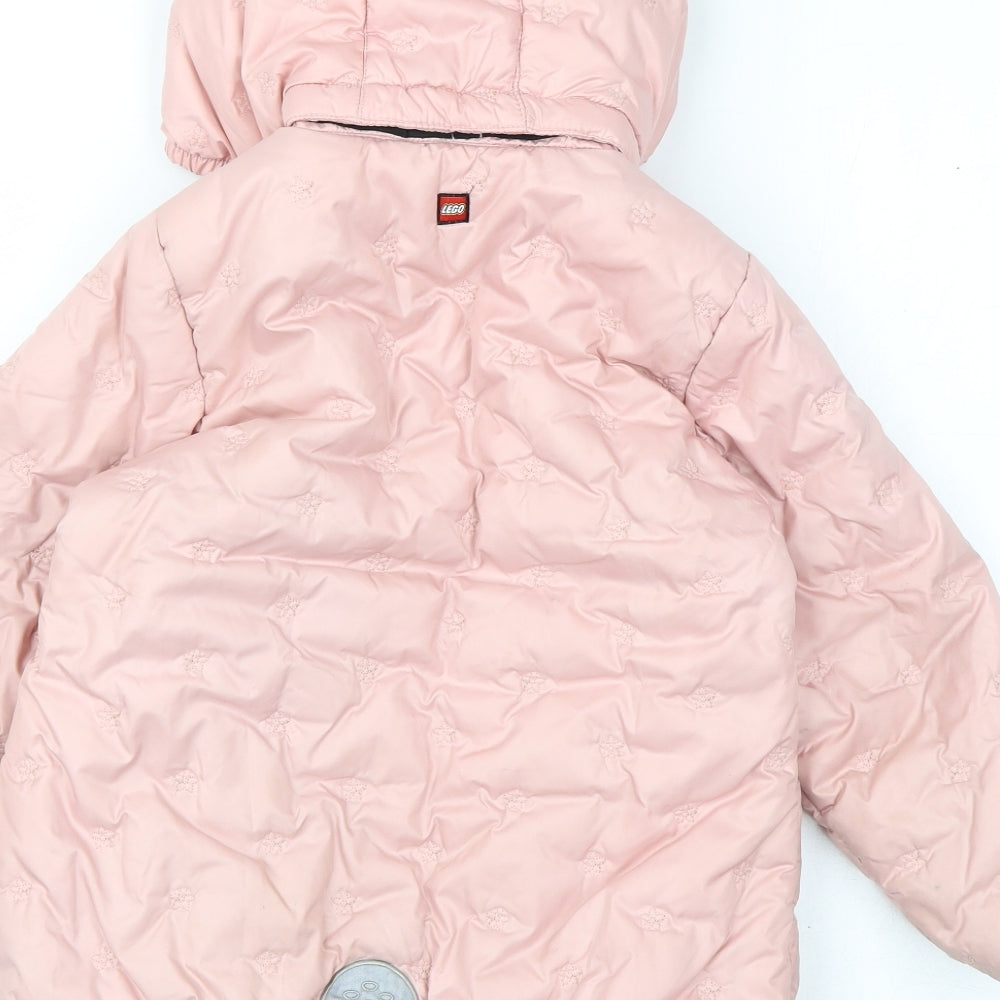 Brand and care label for LEGO girls’ pink floral puffer jacket coat, size 4, years zip