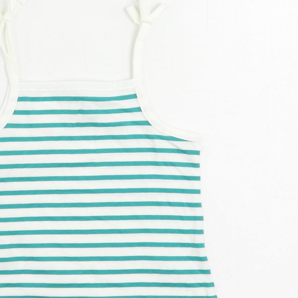 Brand and care label for Marks & Spencer girls’ green striped cotton camisole tank, size 2-3, years square neck pullover