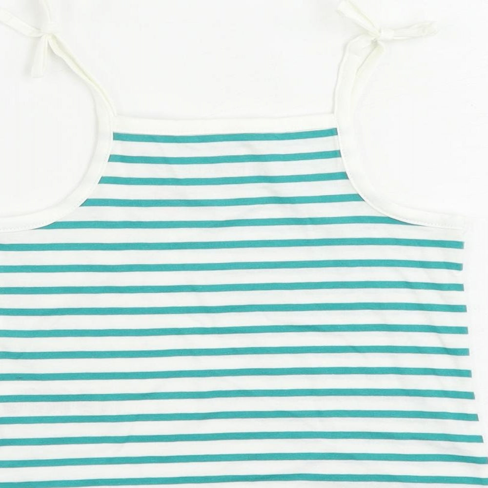 Brand and care label for Marks & Spencer girls’ green striped cotton camisole tank, size 2-3, years square neck pullover