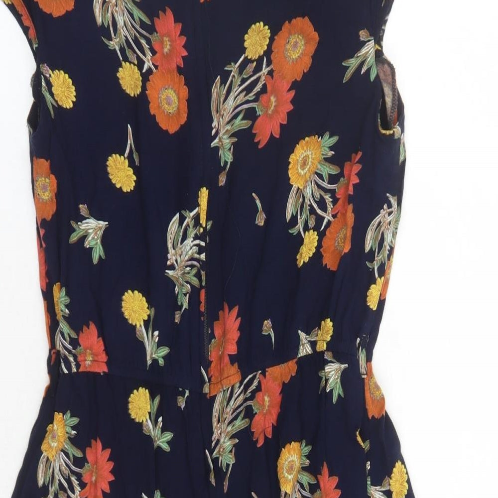 Brand and care label for ASOS women’s blue floral viscose a-line, size UK 12, round neck zip