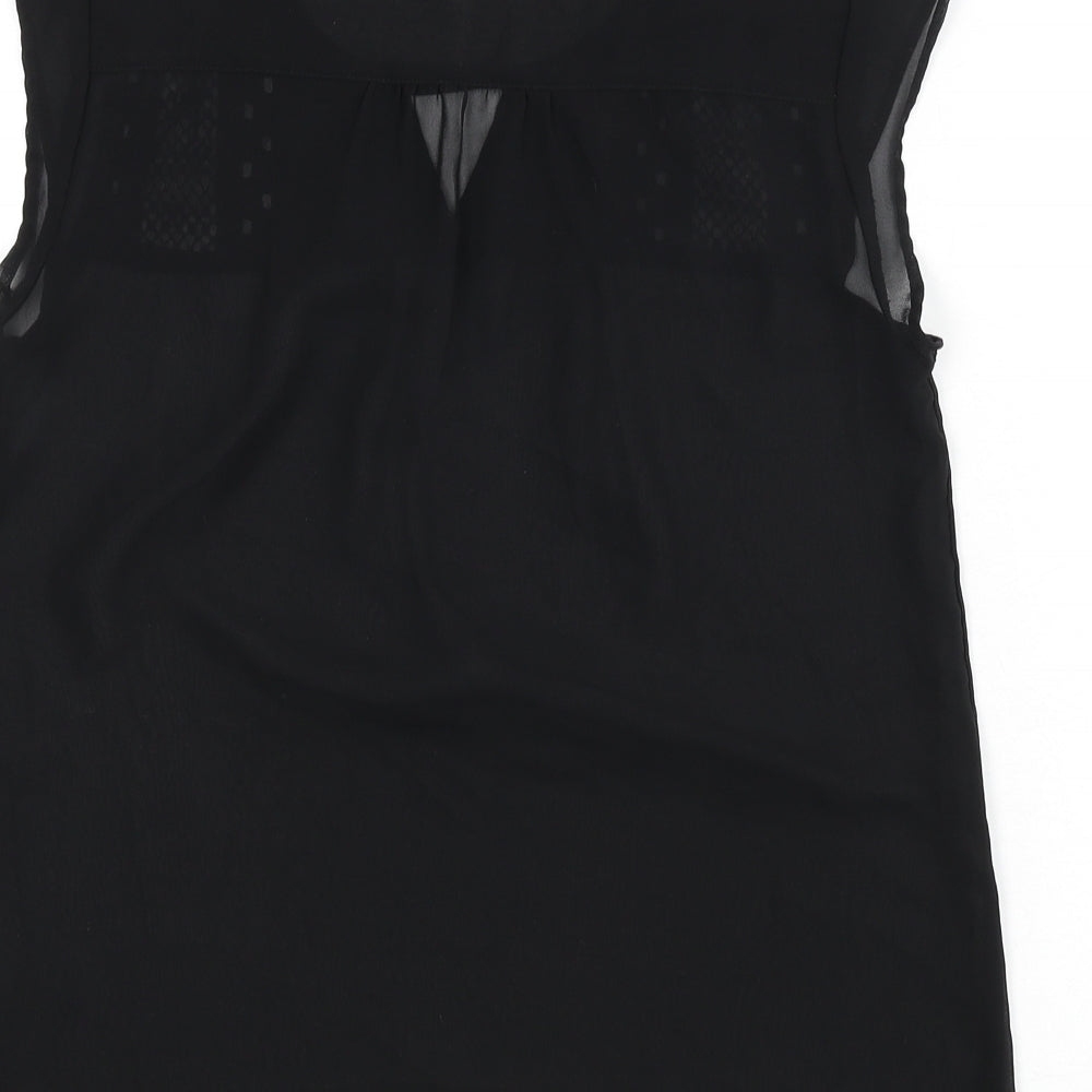 Brand and care label for Mexx women’s black polyester basic blouse, round neck - embroidered detail, keyhole cutout