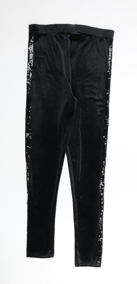 Marks and Spencer Girls Black Polyester Capri Trousers Size 14-15 Years L26 in Regular Pullover - Sequins, Leggings