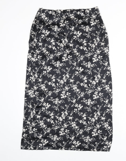 Zara Womens Black Floral Polyester A-Line Skirt Size S Zip - Knot Front, Slit