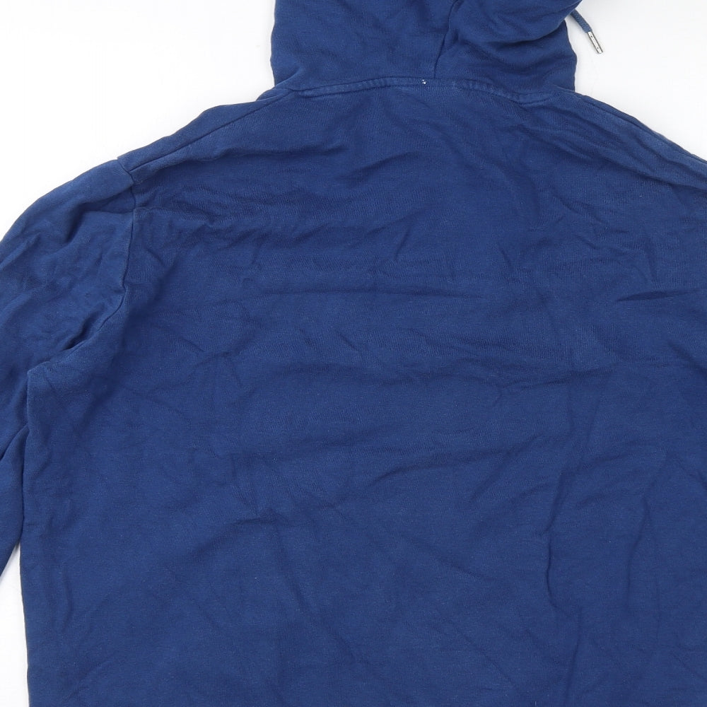 Brand and care label for ASOS women’s blue cotton pullover hoodie, size M, pullover