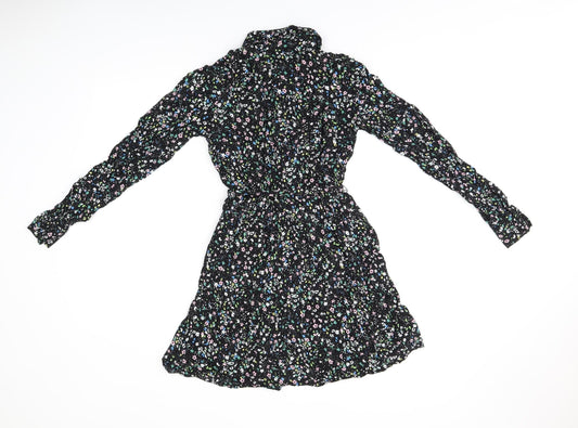 &Et Womens Black Floral Viscose Shirt Dress Size 8 Collared Button