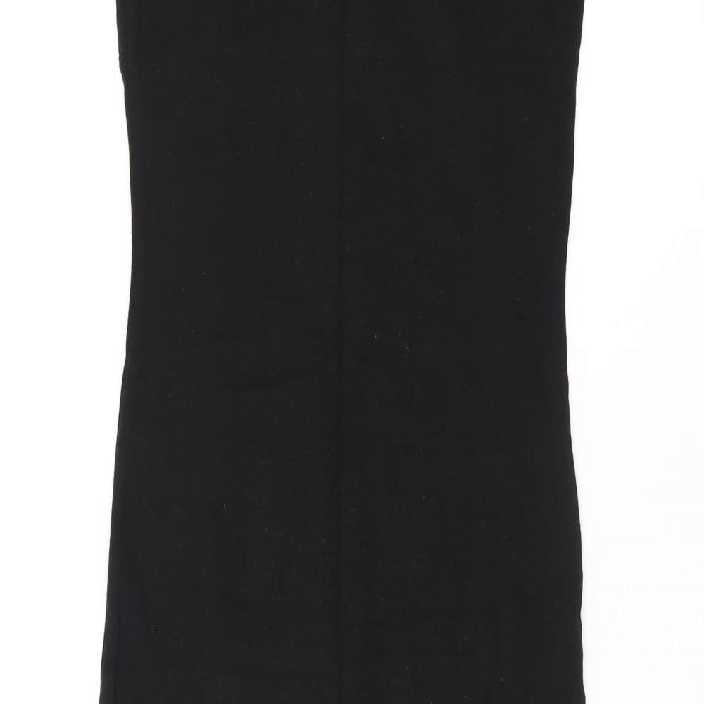 Brand and care label for ASOS women’s black polyester bodycon, size UK 8, v-neck pullover