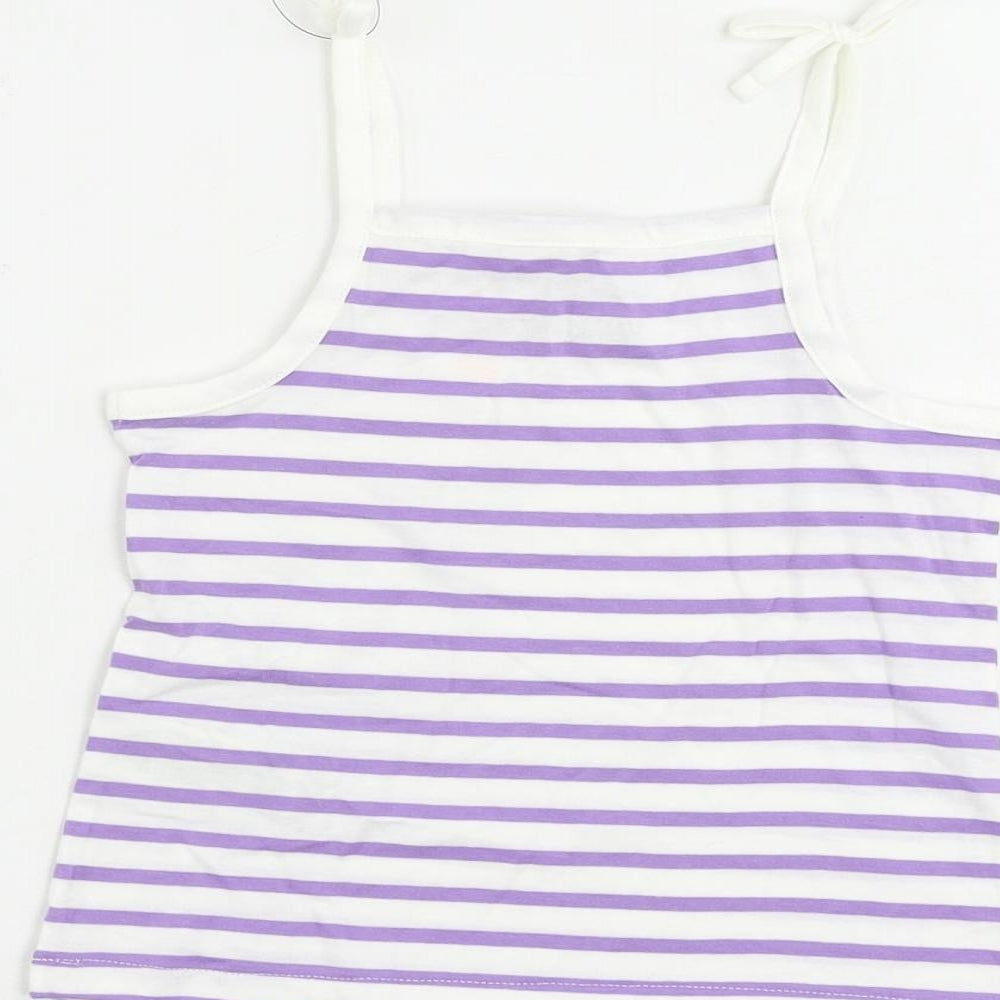 Brand and care label for Marks & Spencer girls’ purple striped cotton camisole tank, size 2-3, years square neck pullover