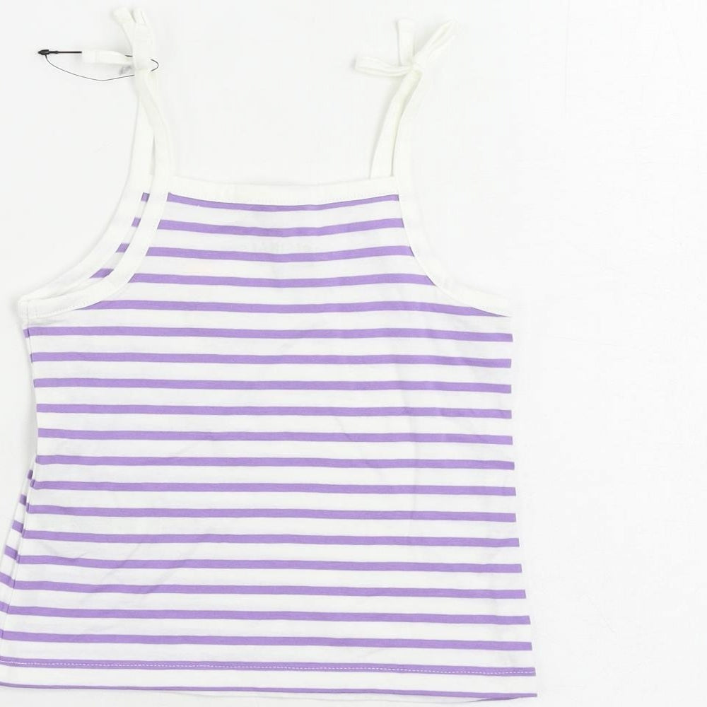 Brand and care label for Marks & Spencer girls’ purple striped cotton camisole tank, size 2-3, years square neck pullover