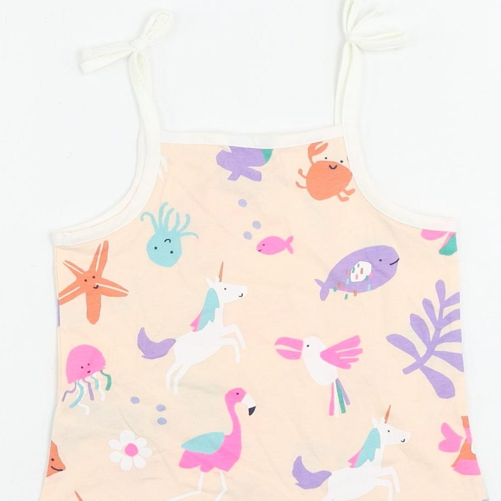 Brand and care label for Marks & Spencer girls’ pink geometric cotton camisole tank, size 2-3, years square neck pullover