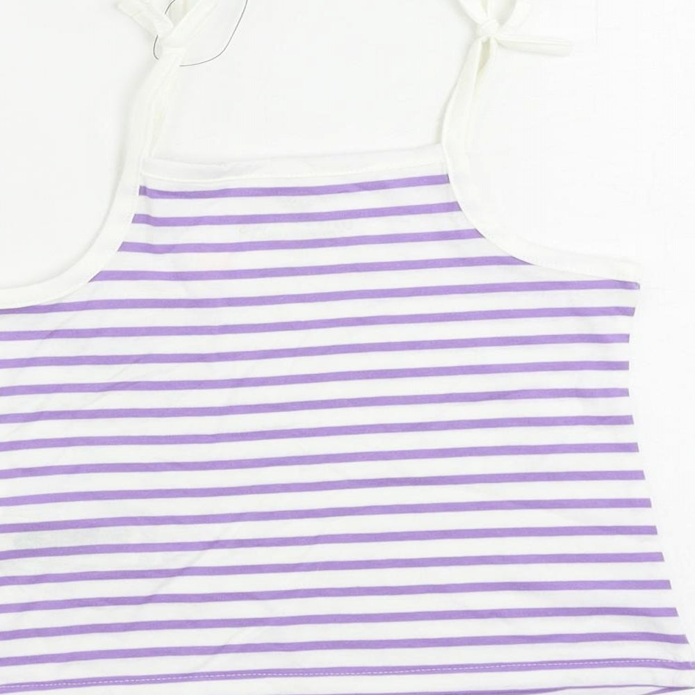 Brand and care label for Marks & Spencer girls’ purple striped cotton camisole tank, size 2-3, years square neck pullover