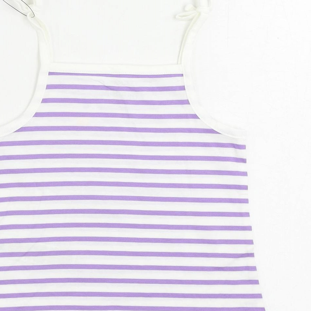 Brand and care label for Marks & Spencer girls’ purple striped cotton camisole tank, size 3-4, years square neck pullover