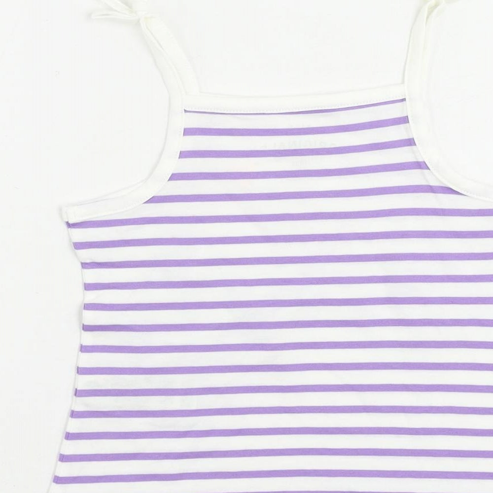 Brand and care label for Marks & Spencer girls’ purple striped cotton camisole tank, size 2-3, years square neck