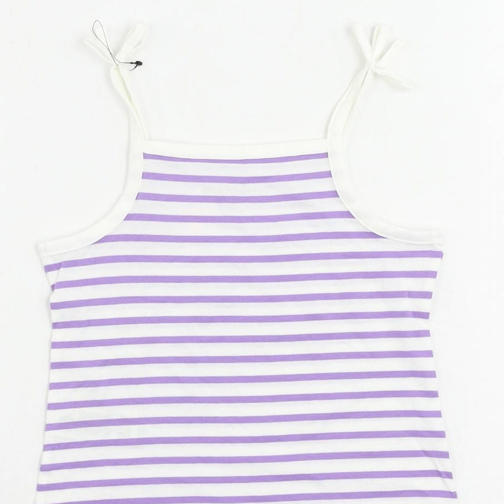 Brand and care label for Marks & Spencer girls’ purple striped cotton camisole tank, size 2-3, years square neck pullover