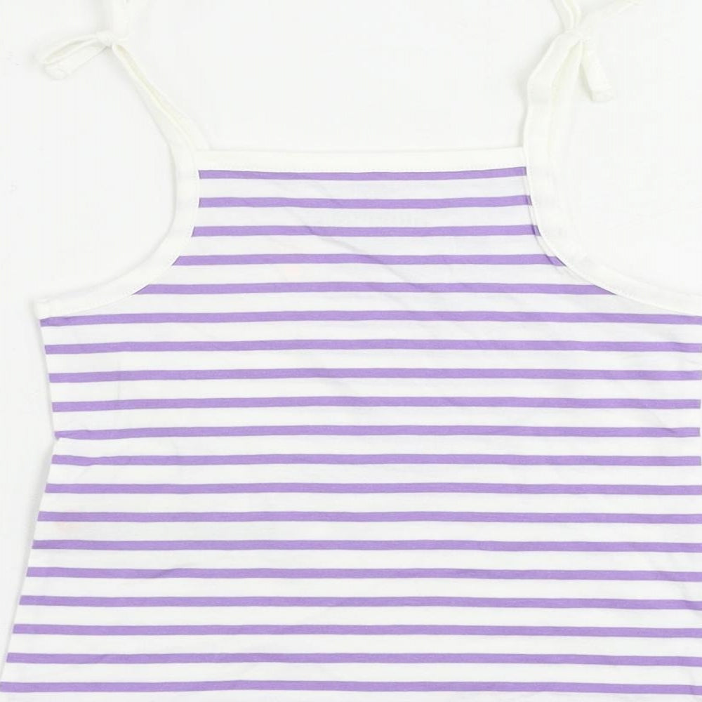 Brand and care label for Marks & Spencer girls’ purple striped cotton camisole tank, size 2-3, years square neck pullover