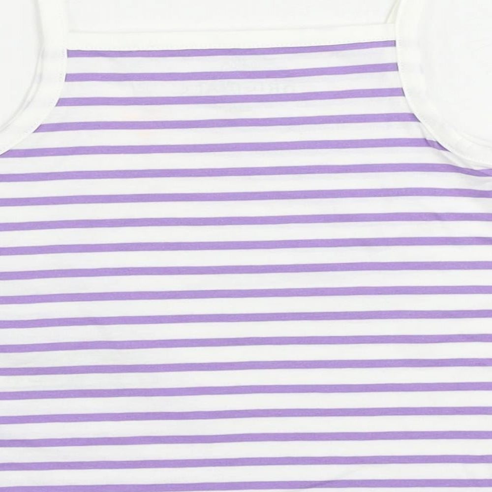 Brand and care label for Marks & Spencer girls’ purple striped cotton camisole tank, size 2-3, years square neck pullover