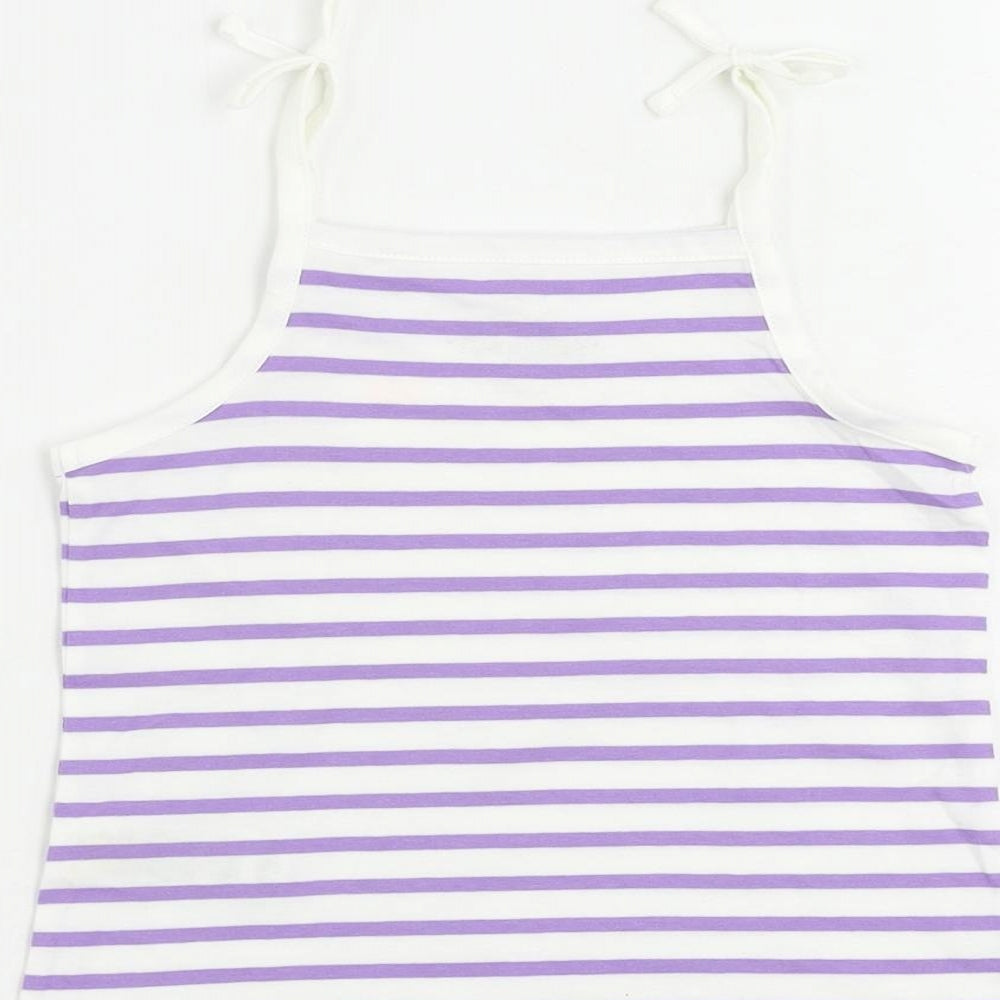 Brand and care label for Marks & Spencer girls’ purple striped cotton camisole tank, size 3-4, years square neck pullover