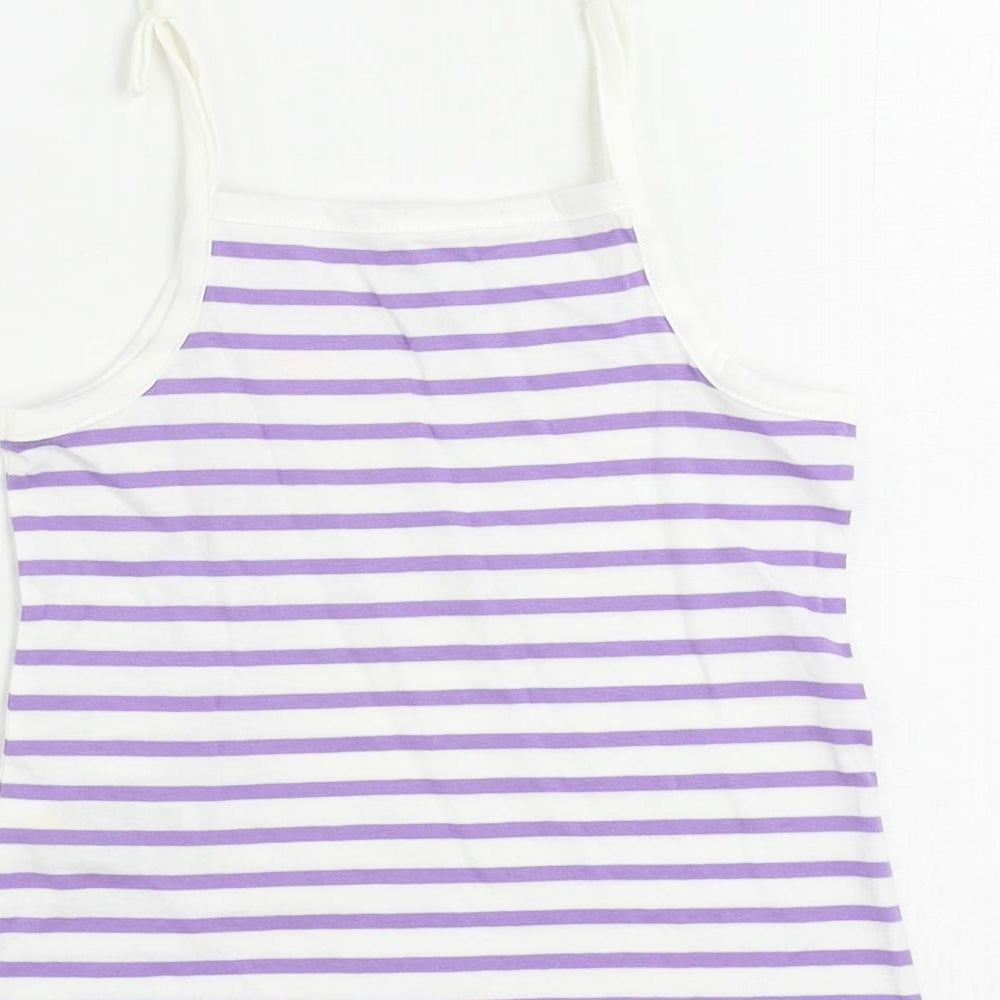 Brand and care label for Marks & Spencer girls’ purple striped cotton camisole tank, size 3-4, years square neck pullover