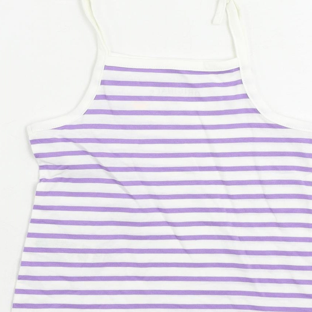 Brand and care label for Marks & Spencer girls’ purple striped cotton camisole tank, size 2-3, years square neck pullover
