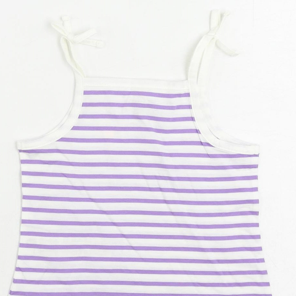 Brand and care label for Marks & Spencer girls’ purple striped cotton camisole tank, size 2-3, years square neck pullover