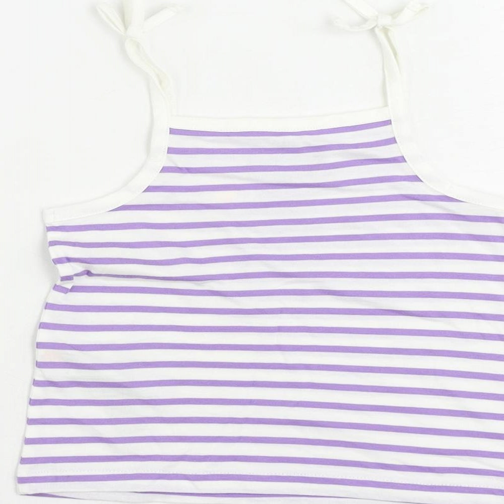 Brand and care label for Marks & Spencer girls’ purple striped cotton camisole tank, size 2-3, years square neck pullover