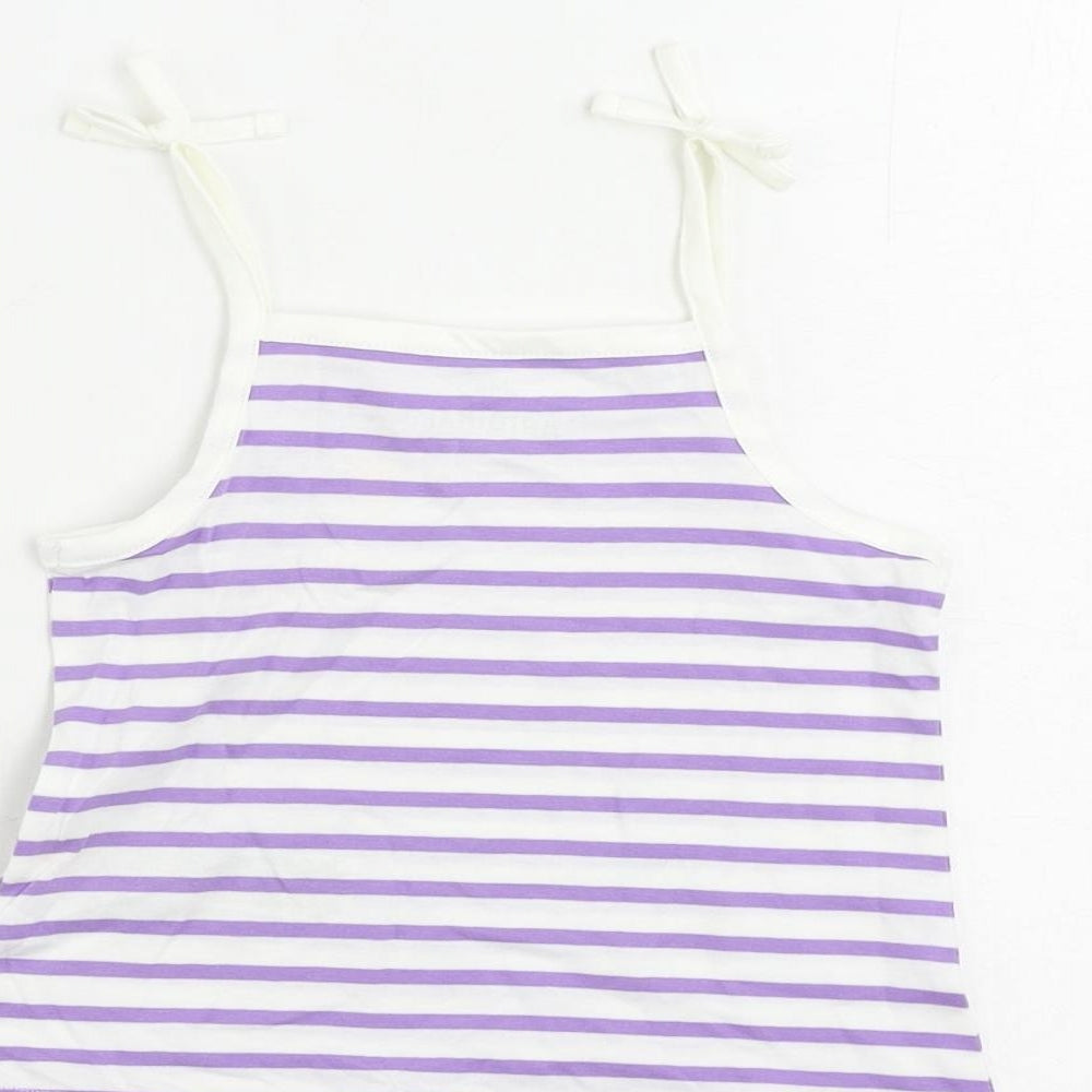Brand and care label for Marks & Spencer girls’ purple striped cotton camisole tank, size 2-3, years square neck pullover