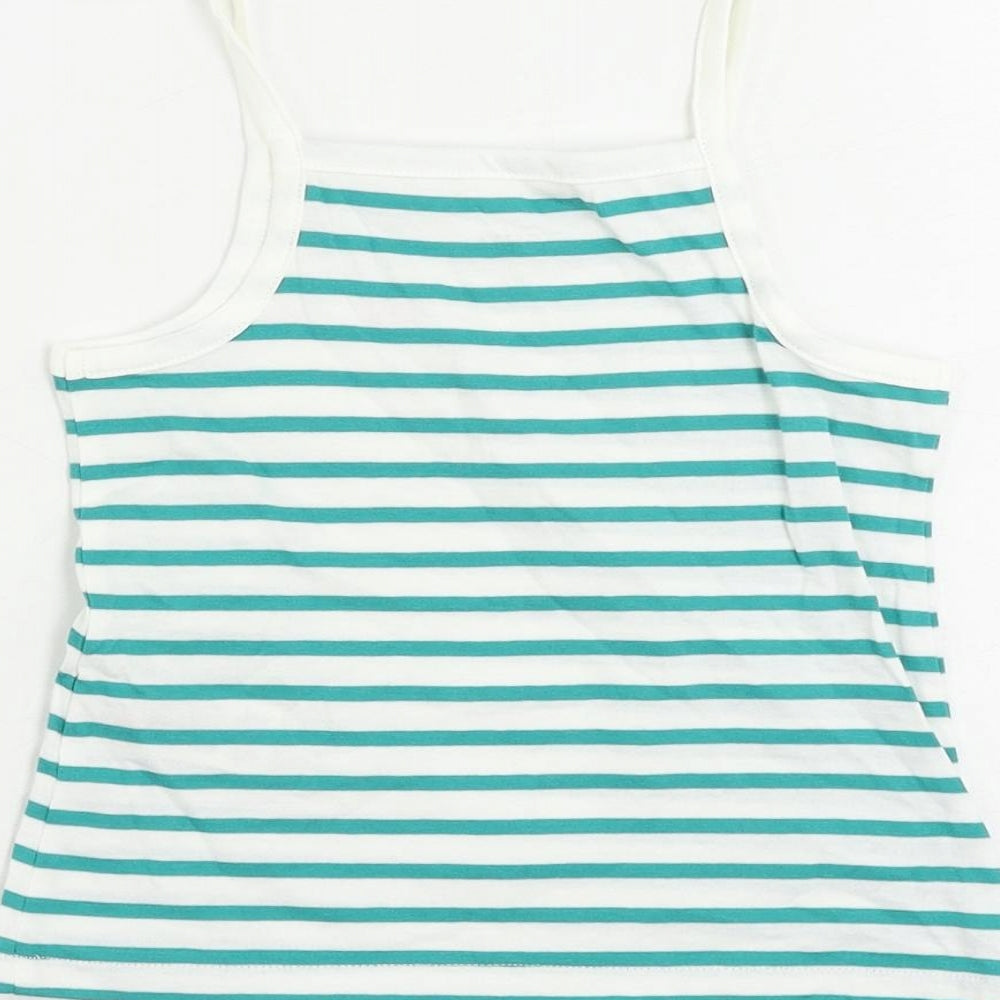 Brand and care label for Marks & Spencer girls’ green striped cotton camisole tank, size 2-3, years square neck pullover