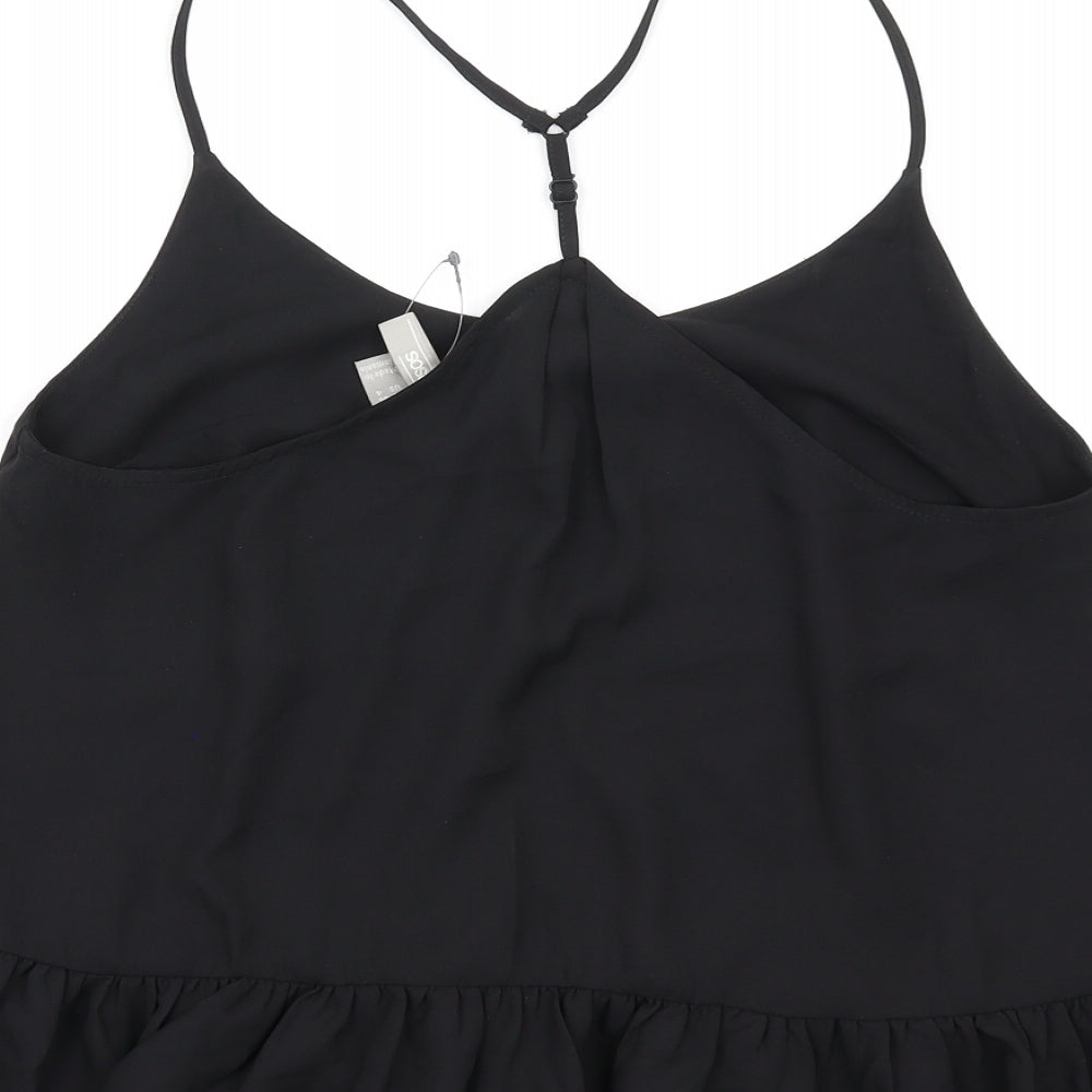 Brand and care label for ASOS women’s black polyester camisole t-shirt, size UK 6, scoop neck
