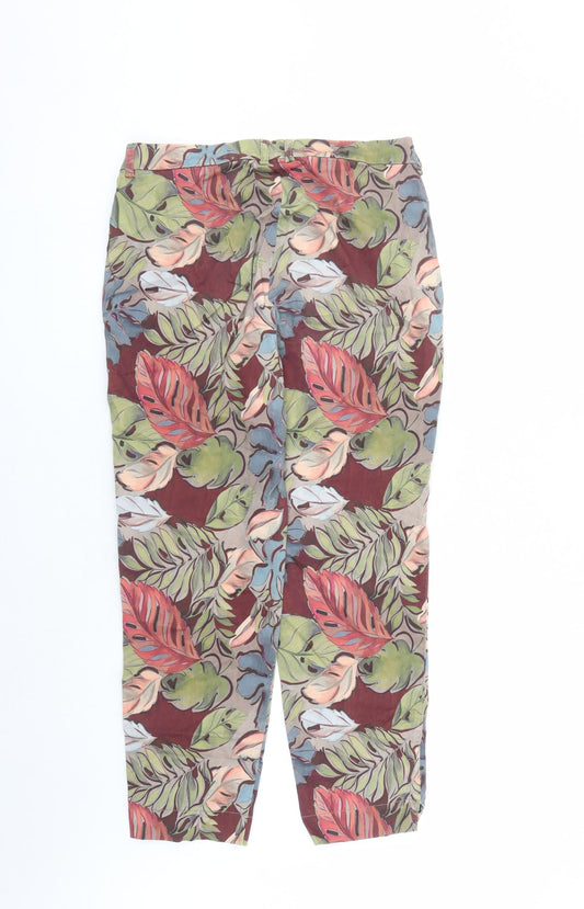 Toni Womens Brown Geometric Cotton Carrot Trousers Size 14 L27 in Slim Zip - Pockets Leaf Pattern
