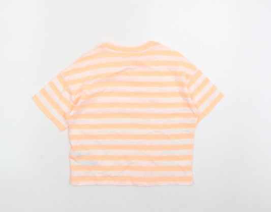 Marks and Spencer Girls Orange Striped Cotton Basic T-Shirt Size 8-9 Years Crew Neck Pullover