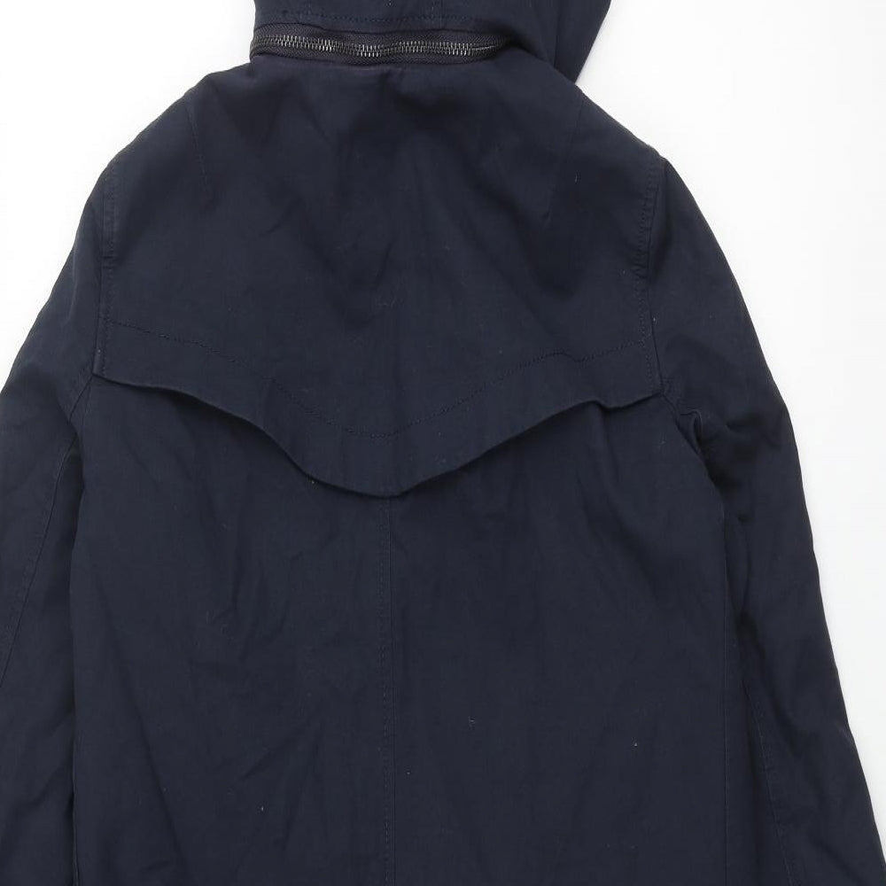 Brand and care label for French Connection women’s blue trench coat coat, size UK 10, button