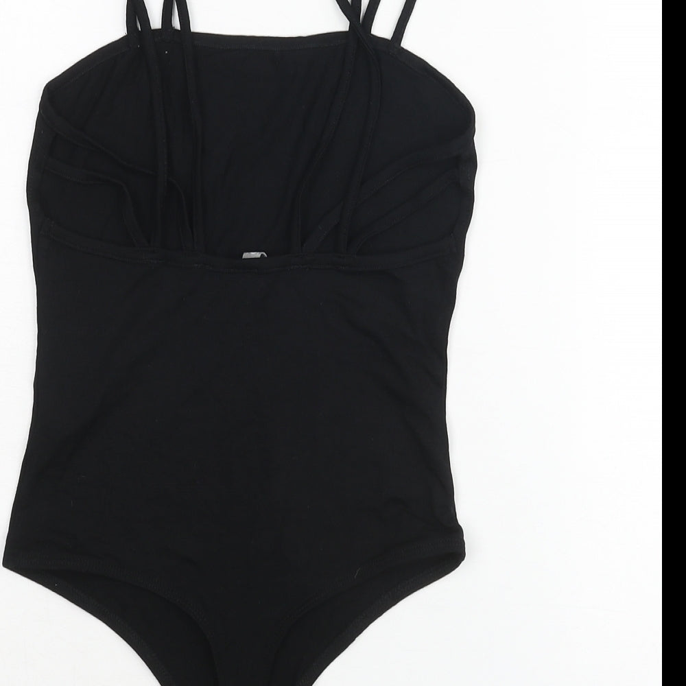 Brand and care label for ASOS women’s black viscose bodysuit one-piece, size UK 8, snap