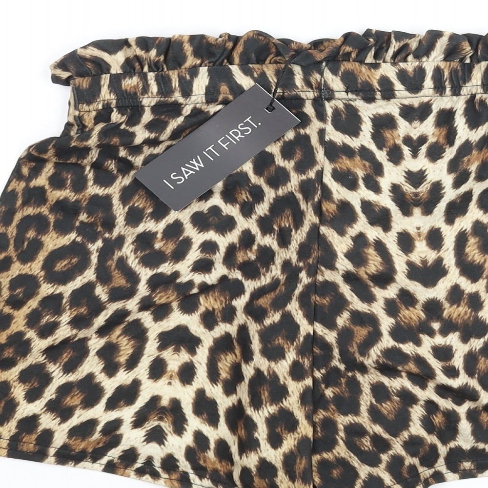 Brand and care label for I SAW IT FIRST women’s brown animal print polyester basic shorts, regular pull on - leopard print