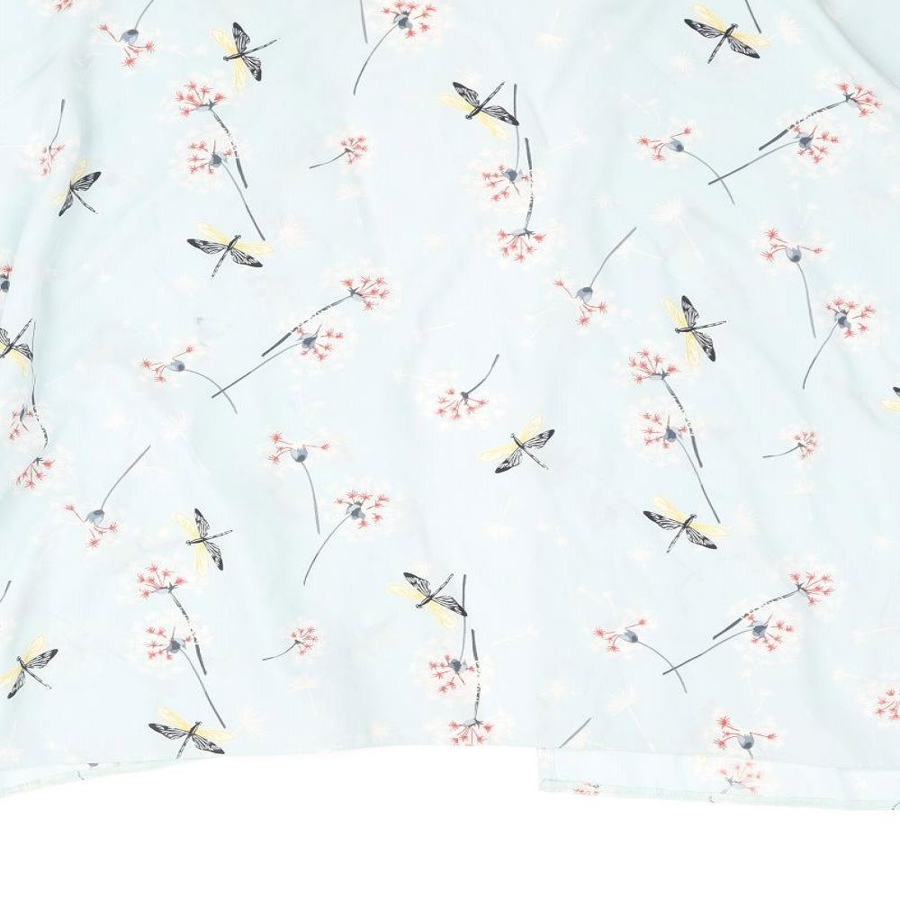 Brand and care label for New Look girls’ blue geometric polyester kimono blouse, size M, v-neck - dragonfly print