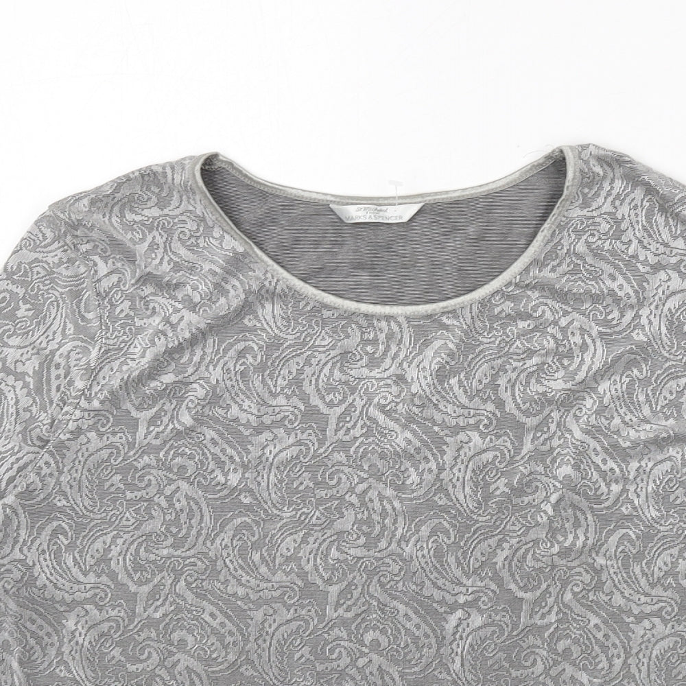 St Michael Womens Grey Paisley Acetate Basic T-Shirt Size 14 Round Neck