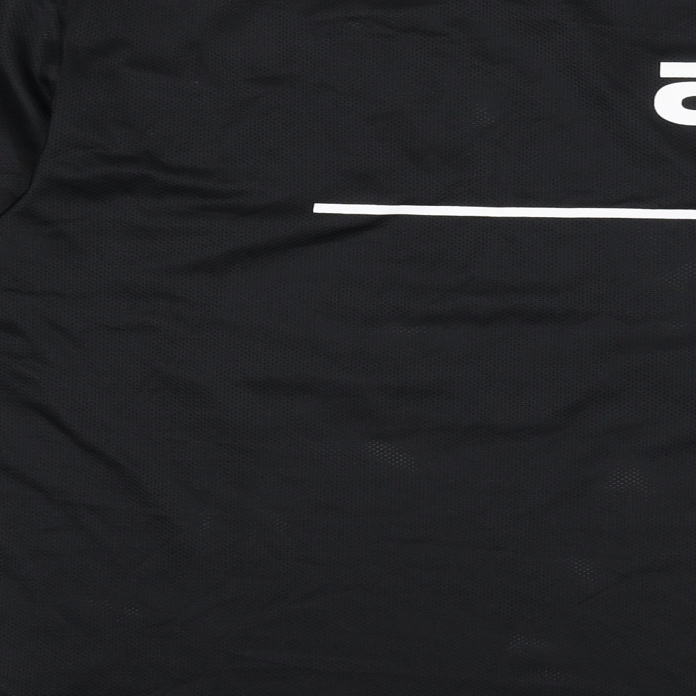 Brand and care label for ASOS men’s black polyester t-shirt, size S, round neck - numbers, breathable material